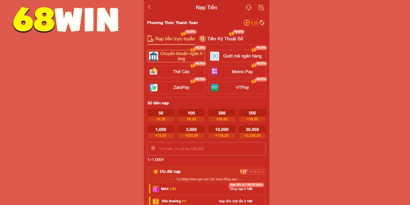 Hướng dẫn 68win nạp tiền chỉ trong 60 giây